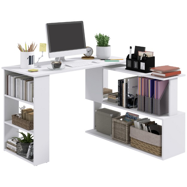 Homcom 360 Rotating Home Office Desk L Shaped Corner Computer Desk With Storage Shelves Writing Table Workstation