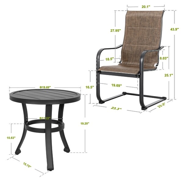 Nuu Garden Black 3Piece Iron and Textilene Round Outdoor Bistro Set with CSpring Motion