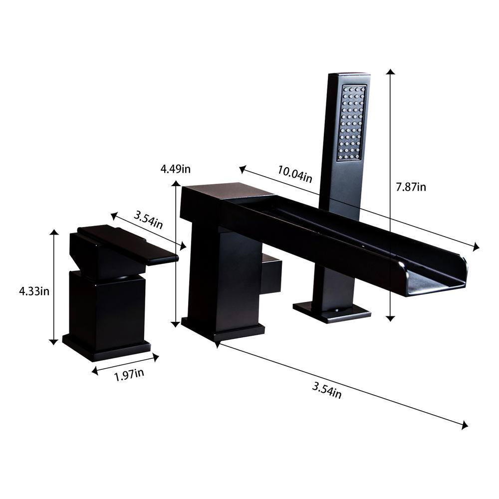 WELLFOR Waterfall Single-Handle Deck-Mount Roman Tub Faucet with Hand Shower in Matte Black WB-TFA002MB