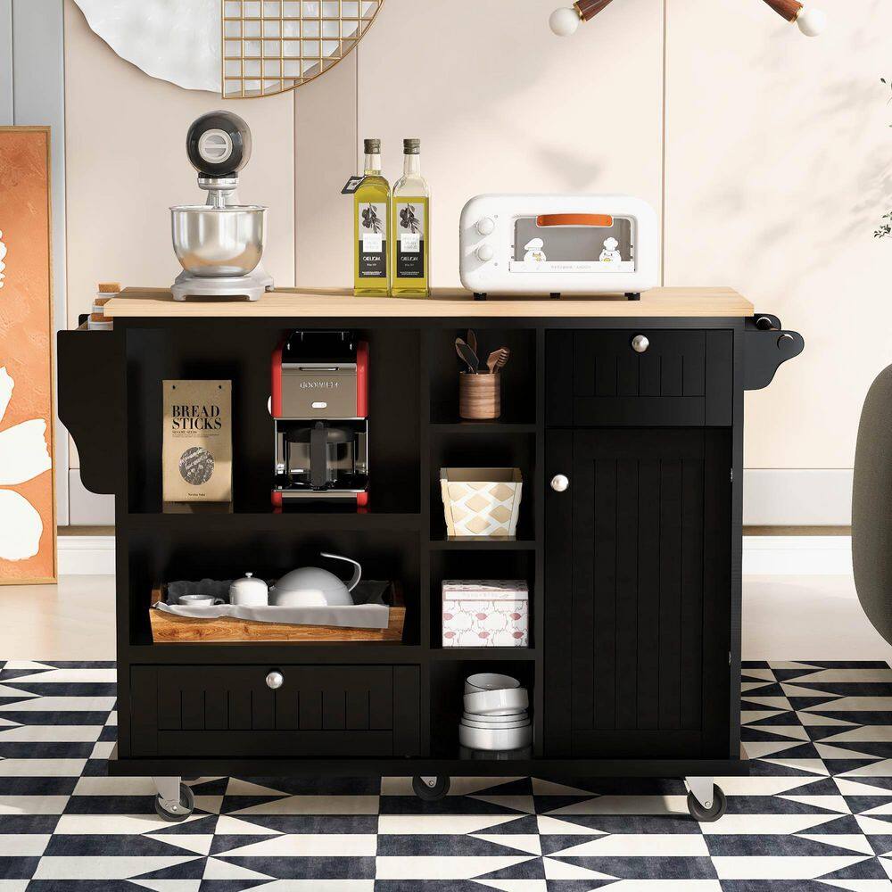 Nestfair Black Modern Kitchen Island with Storage Cabinet and Two Locking Wheels CKK6670B