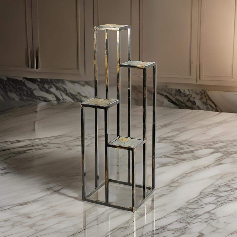 Benjara 48 in. Black and Gold Square Stone Plant Stand with 4-Tier BM216737