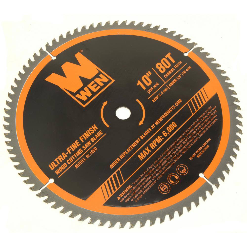 WEN 10 in. 80-Tooth Carbide-Tipped Ultra-Fine Finish Professional Woodworking Saw Blade for Miter Saws and Table Saws BL1080