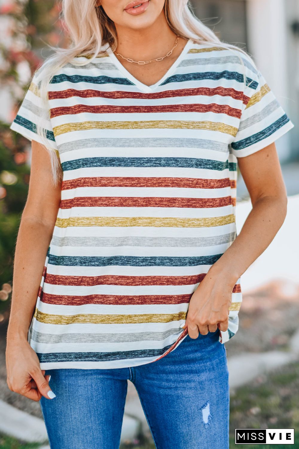 Multicolor Stripes V Neck T-Shirt