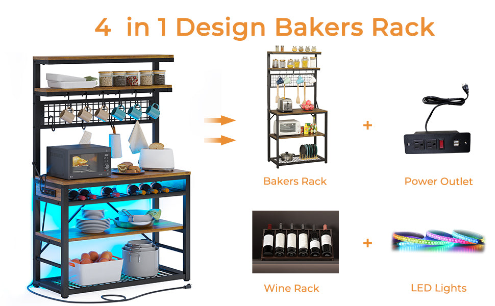 Bakers Rack with 6-Tier LED Lights Coffee Bar Microwave Stand with 2 Outletsand2 USB PortsandStorage for Kitchens， Rustic Brown