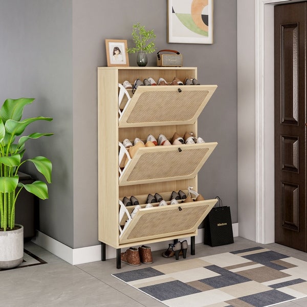 Natural Rattan 3 Door Shoe Rack， Freestanding Modern Shoe Storage Cabinet， for Entryway