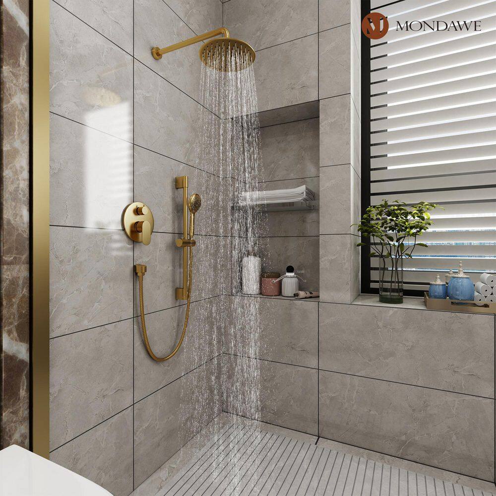 Mondawe Retro Series 3-Spray Patterns with 1.8 GPM 9 in. Rain Wall Mount Dual Shower Heads with Handheld in Brushed Gold MD-A3816-BG