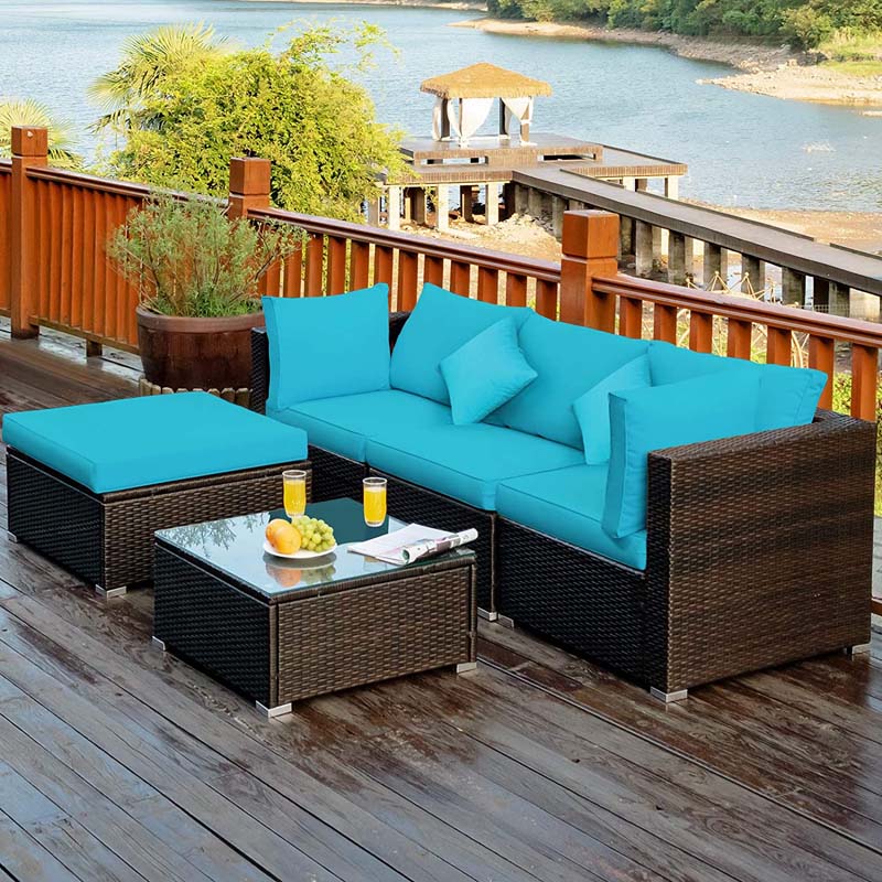 5 Pcs Outdoor Patio Rattan Furniture Sectional Sofa Set Wicker Conversation Set with Cushions