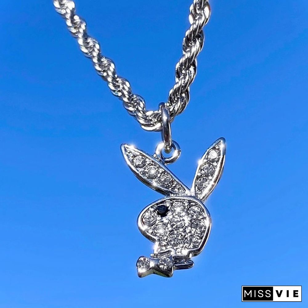 Fashion Stainless Steel Hip Pop Animal Rabbit Pendant Necklace for Women Punk Bunny Rhinestone Necklace Choker Jewelry