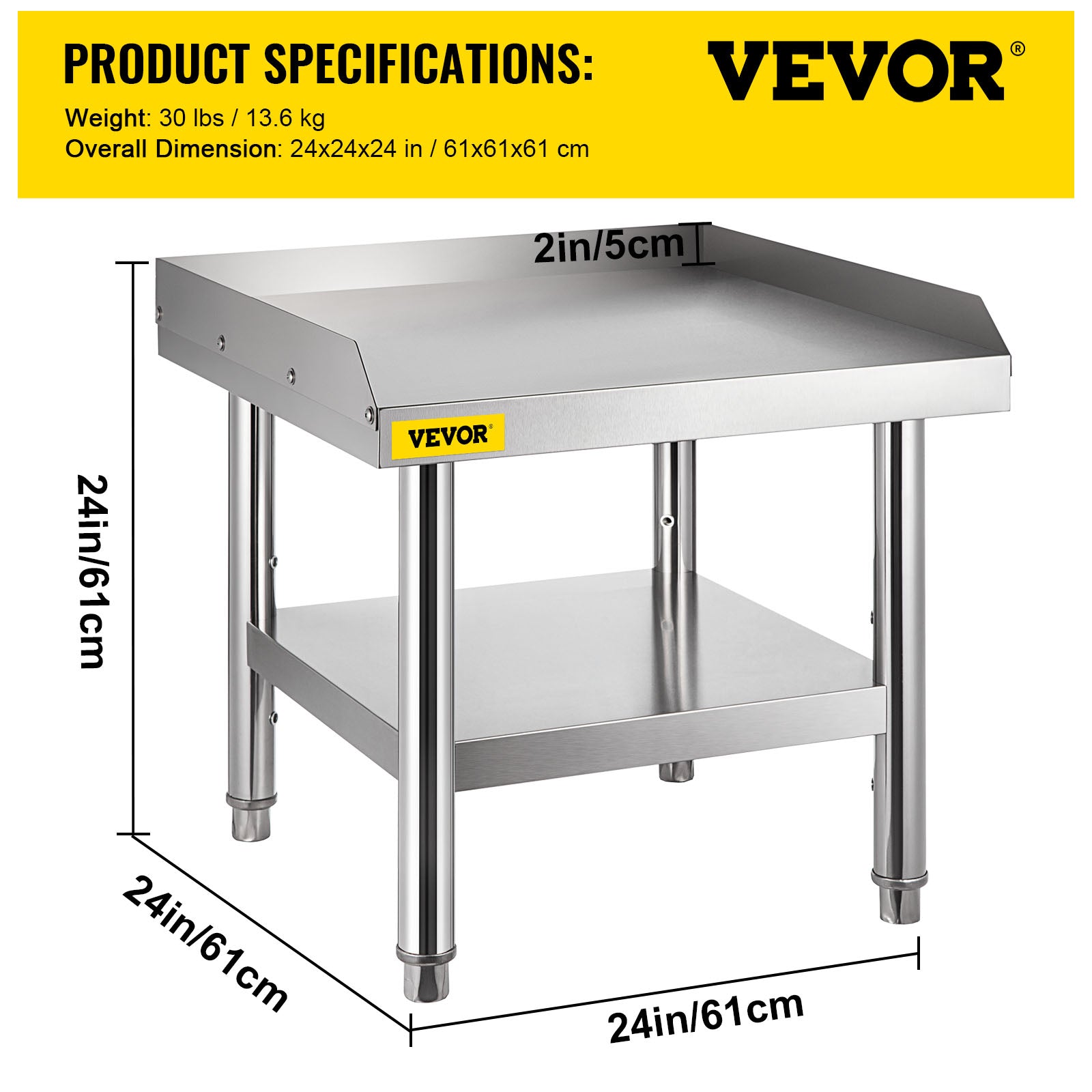 VEVOR Stainless Steel Table， 24 x 24 Inch， Heavy Duty Prep and Work Metal Workbench with Adjustable Storage Under Shelf and Table Feet， Commercial Equipment Stand for Hotel， Restaurant and Home Kitchen