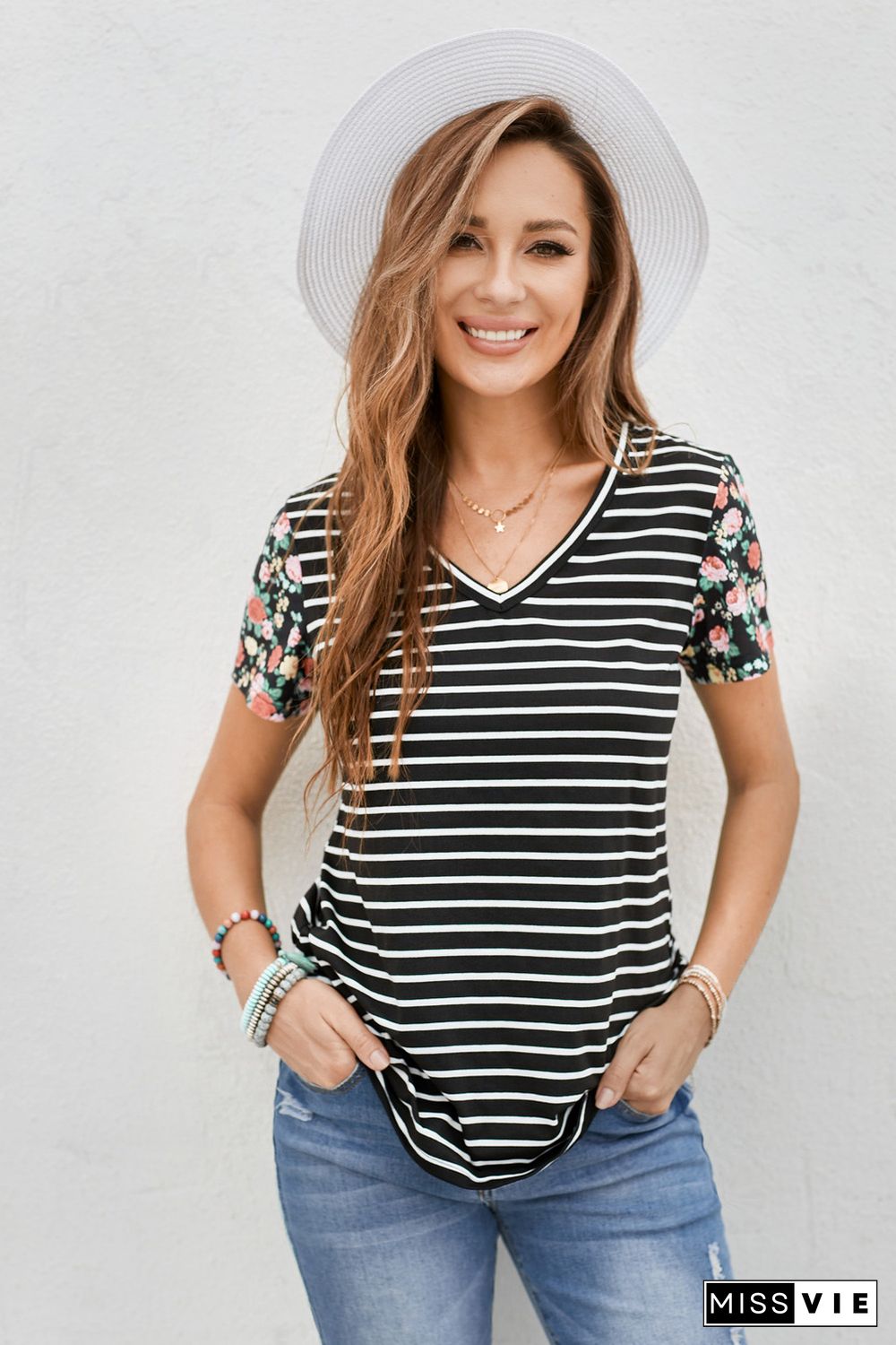 Floral Sleeves Striped T-shirt