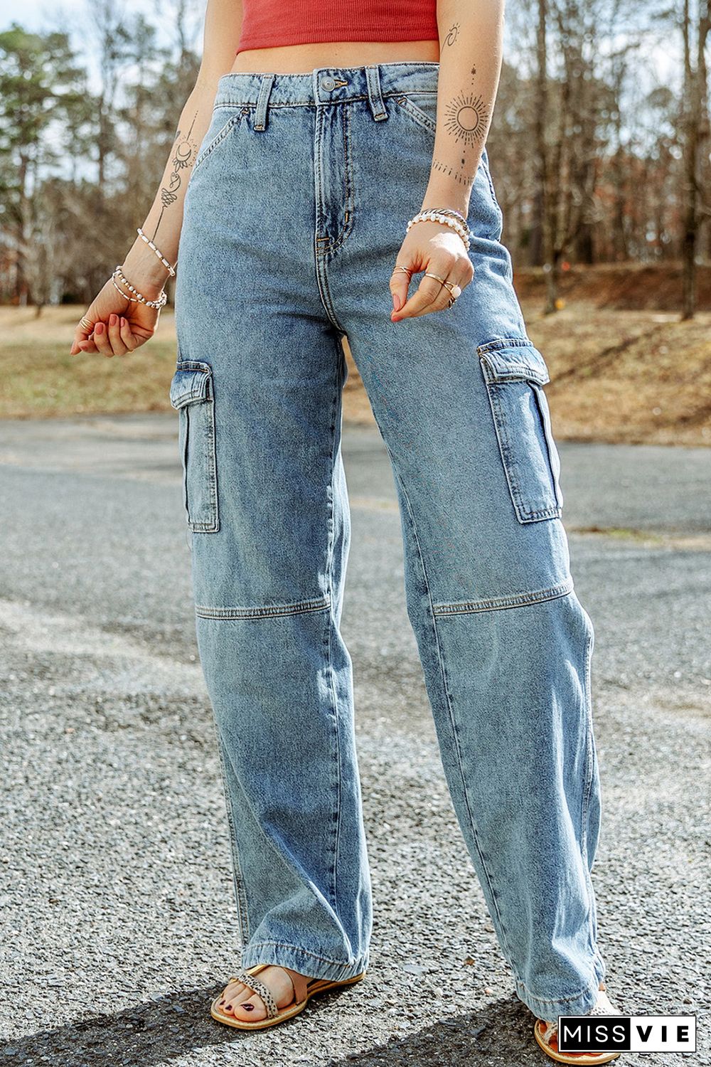 Sky Blue Cool Cargo Style Wide Leg Jeans