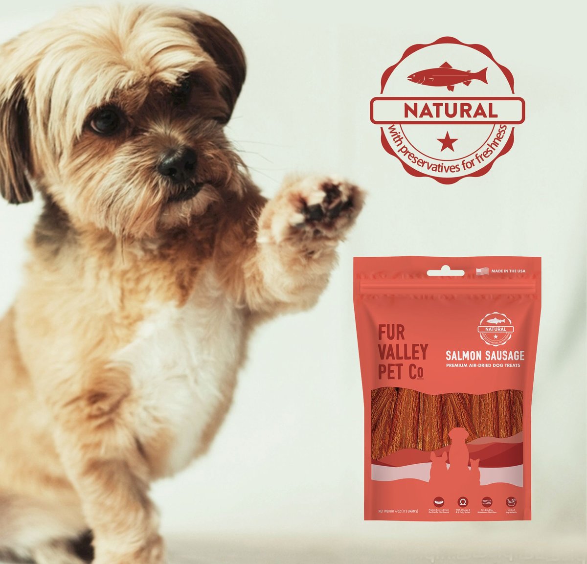 Fur Valley Salmon Sausage Jerky Dog Treats， 4-oz bag