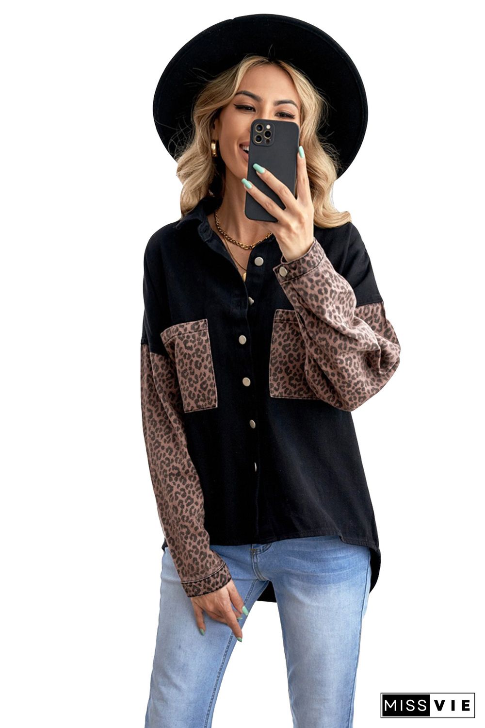 Black Contrast Leopard Denim Jacket