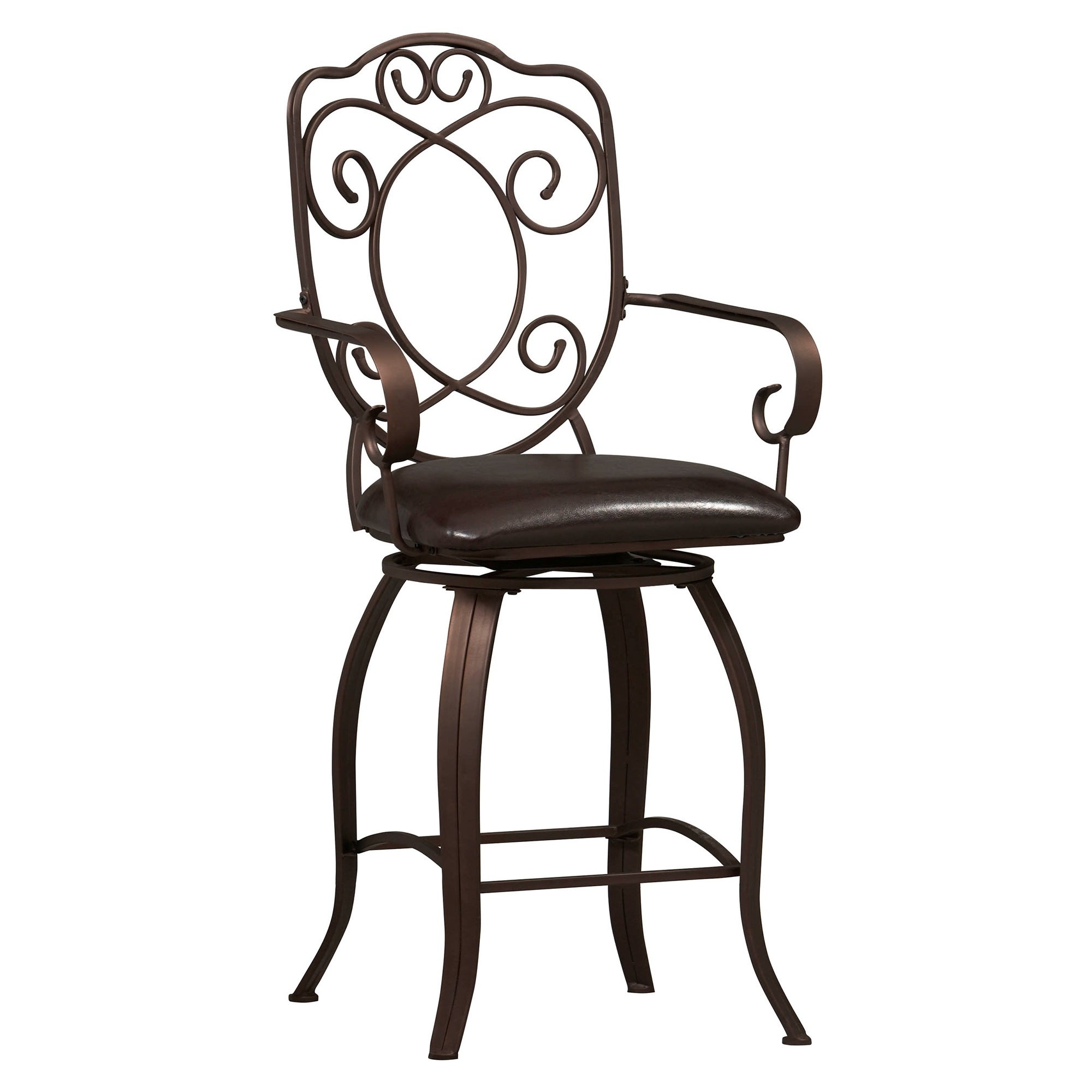 Metal Counter Stool with Armrests and Scrollwork Details， Brown