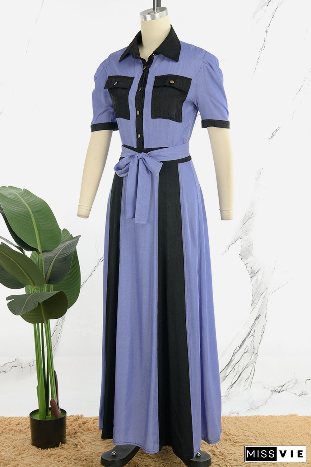 Blue Casual Color Block Bandage Patchwork Pocket Buckle V Neck Long Dress Dresses