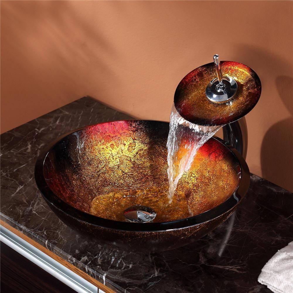 KRAUS Mercury Glass Vessel Sink in RedGold with Waterfall Faucet in Chrome C-GV-680-19mm-10CH