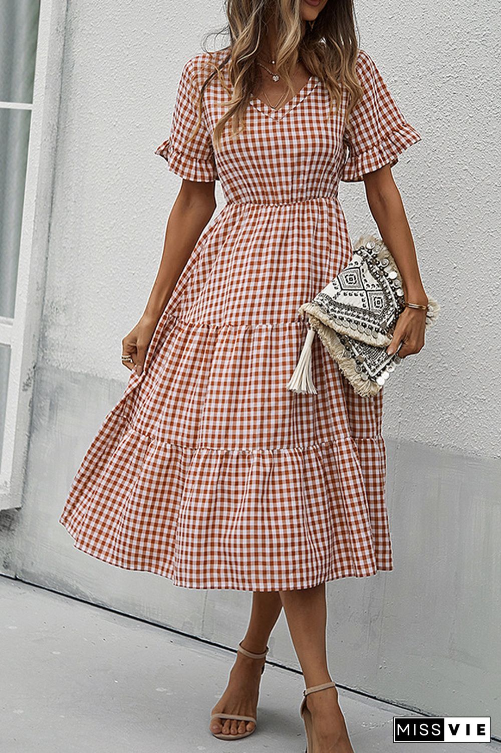 Plaid V-neck Short Sleeve Long Dress Wholesale