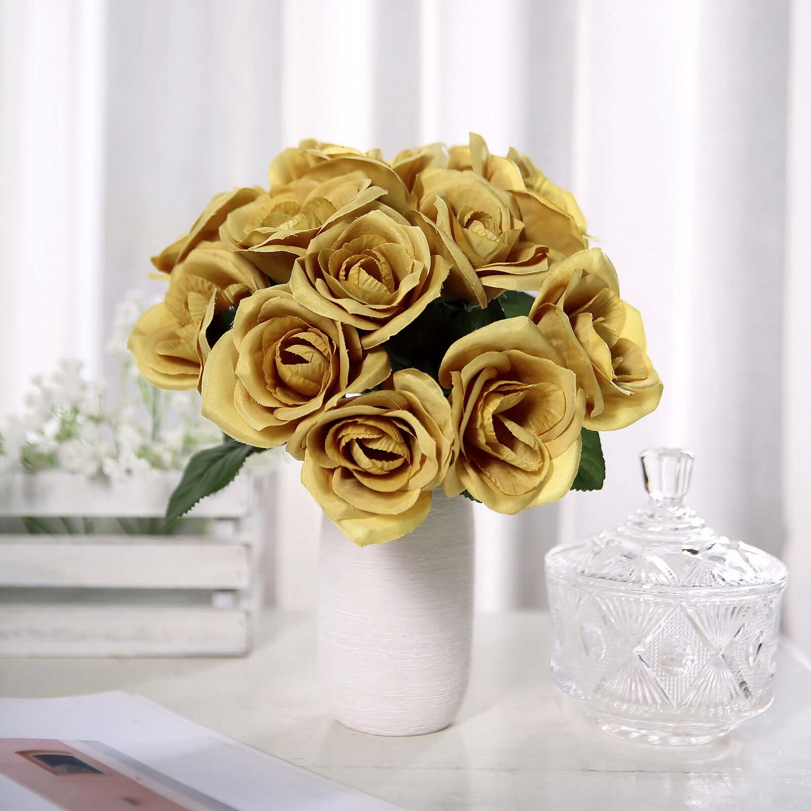 Gold Artificial Velvet-Like Fabric Rose Flower Bouquet Bush 12