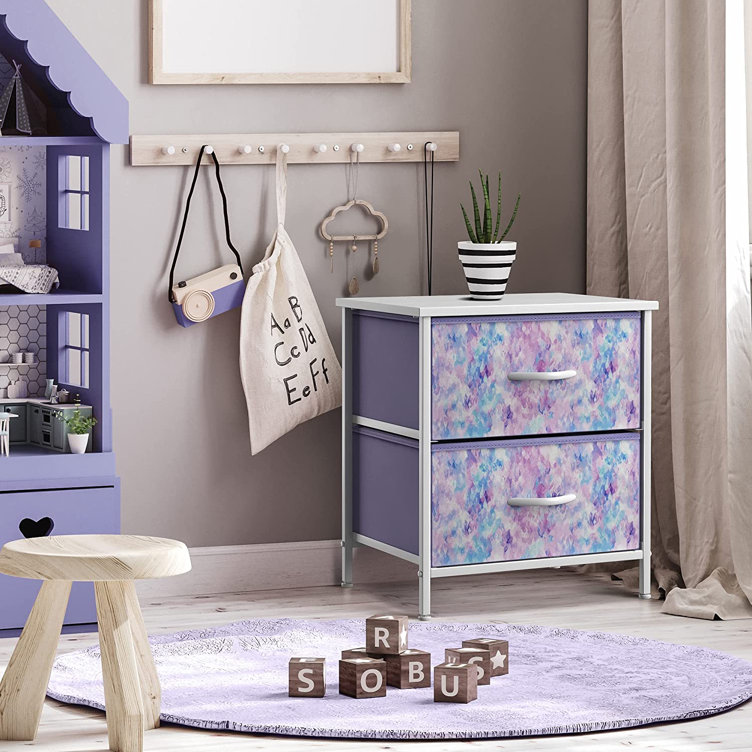 Sorbus Nightstand with 2 Drawers - Bedside Furniture and Accent End Table Chest for Home， Bedroom， Office， College Dorm， Steel Frame， Wood Top， Easy Pull Fabric Bins (2-Drawer， Blue/Pink/Purple