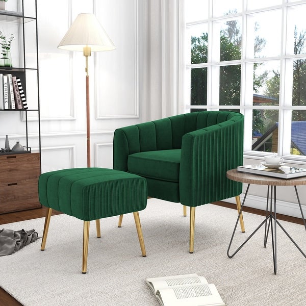 Modern Velvet Barrel Arm Accent Chair with Ottoman