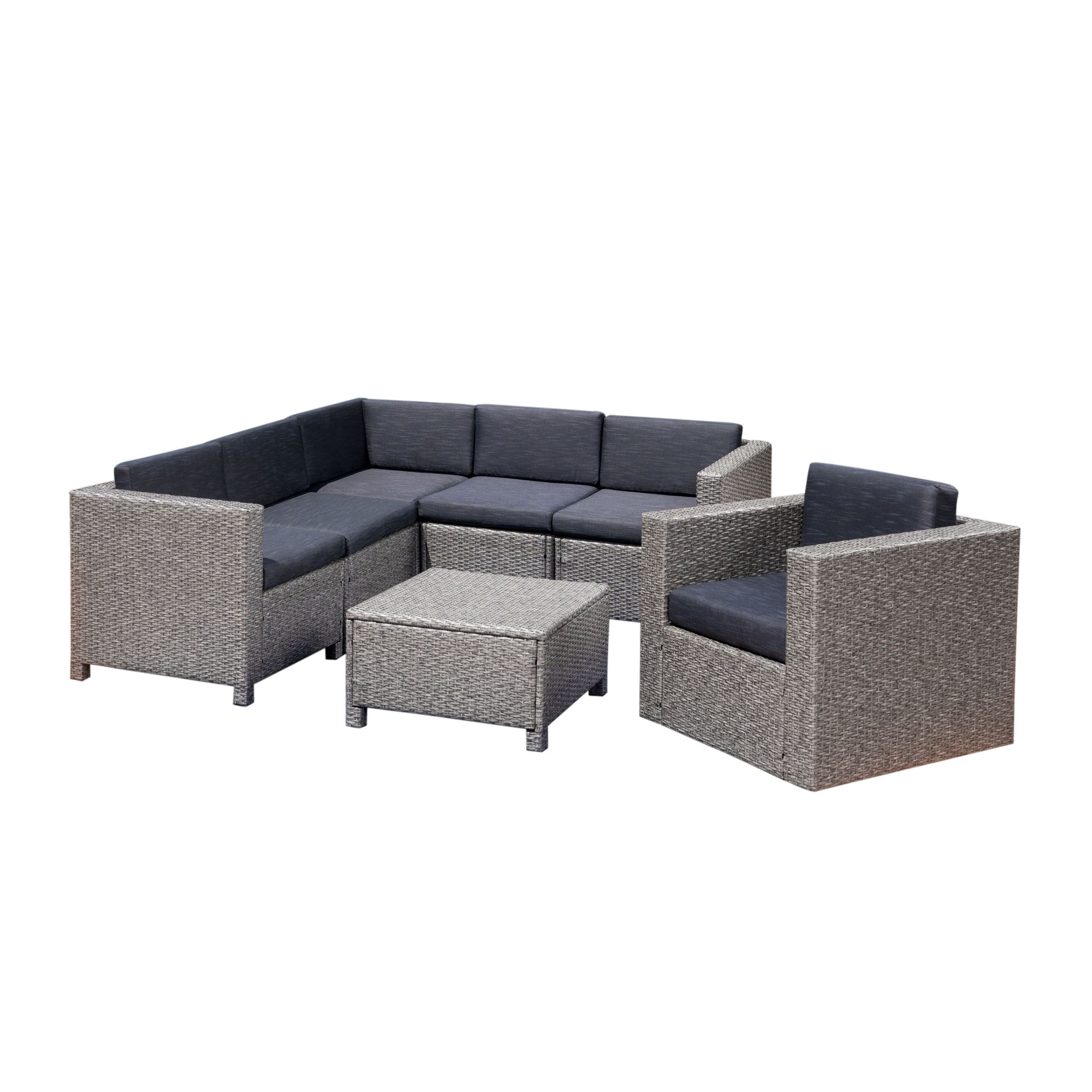 Phillips Outdoor 6 Seater Wicker V-Shaped Sofa and Swivel Chair Set with Water Resistant Cushions