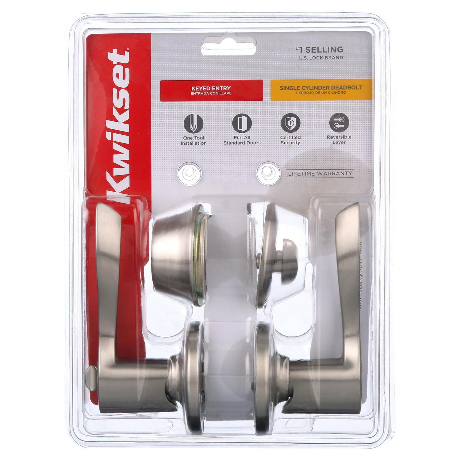 Kwikset 690 Balboa Keyed Door Lever and Sgl Cyl Deadbolt Combo Pack in SN