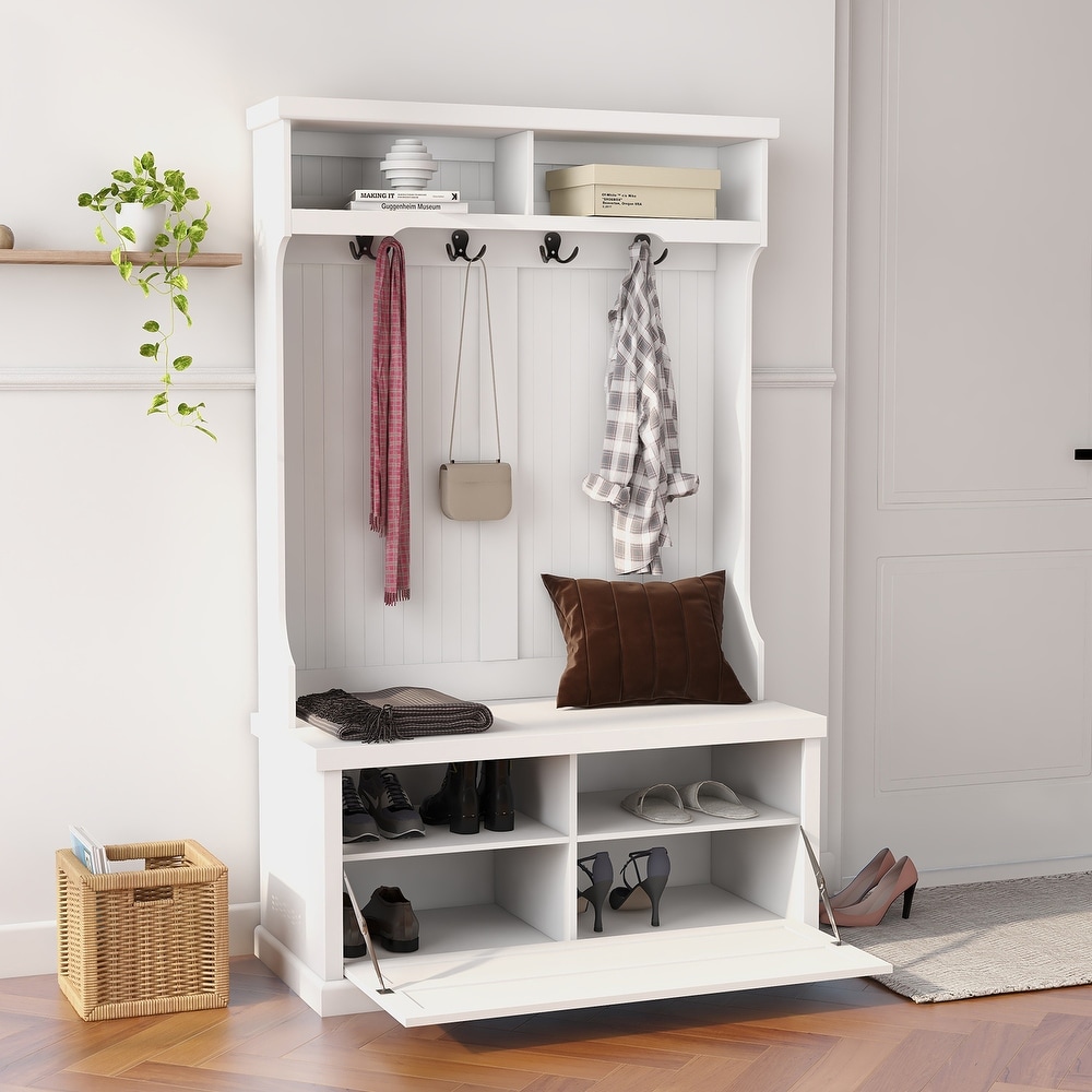 Entryway Hall Tree Shoe Cabinet with Coat Rack 4 Hooks and Storage Bench Shoe Cabinet