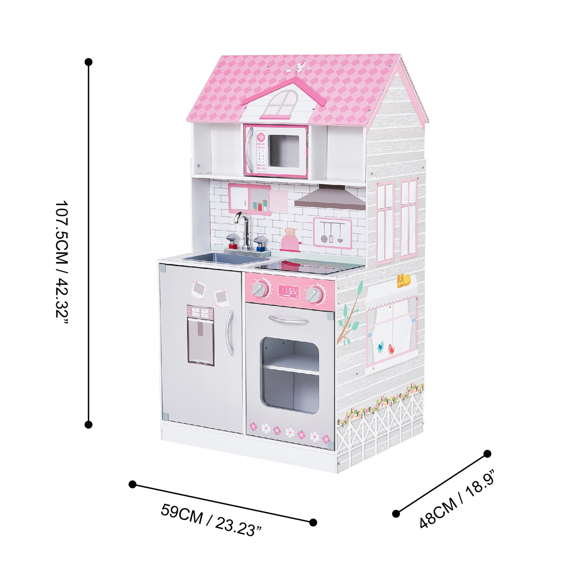 Teamson Kids Wonderland Ariel 2 in 1 Doll House and Play Kitchen， Pink/Grey