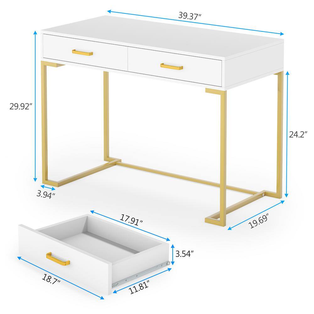 TRIBESIGNS WAY TO ORIGIN Halseey 39.4 in. Rectangular White Wood 2-Drawer Computer Desk with Gold L-Shaped Metal Base HD-M0191ZY