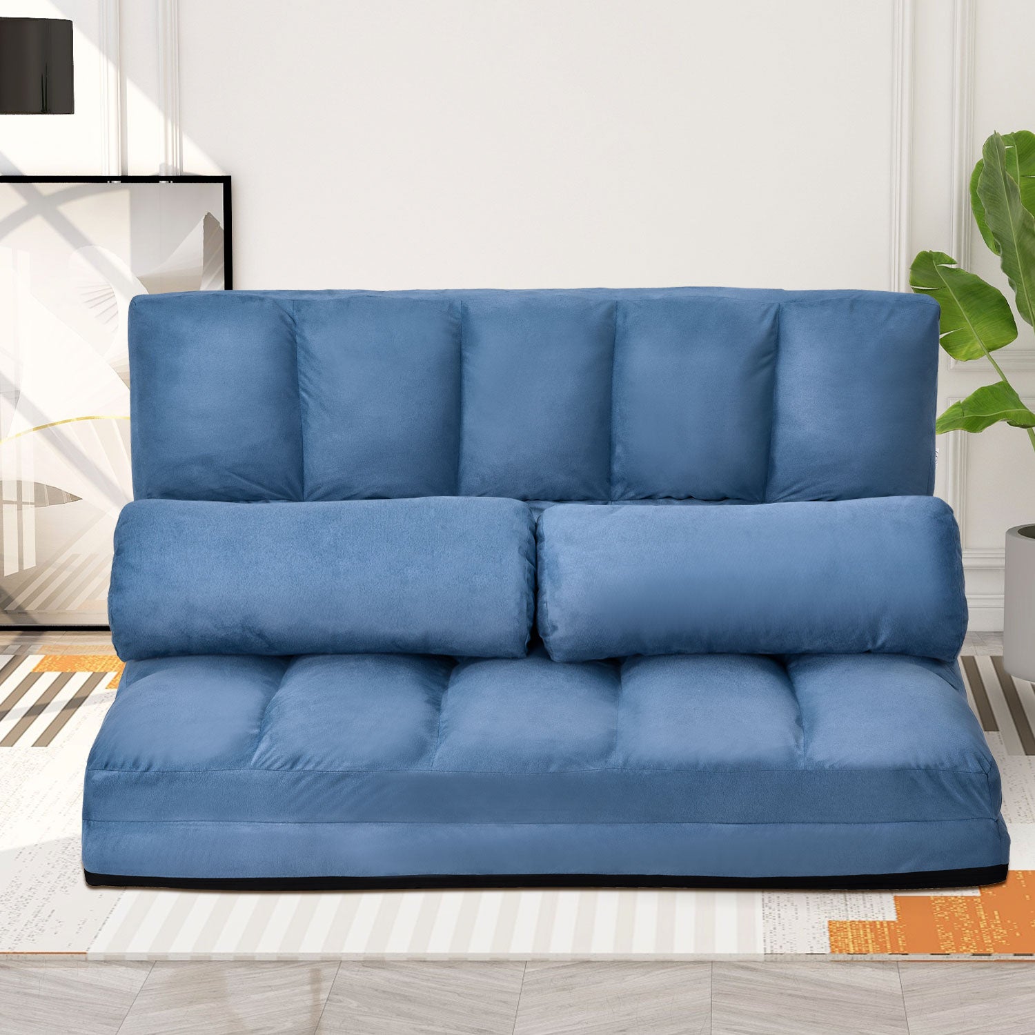 Double Chaise Lounge Sofa Floor Couch and Sofa with 2 Pillows for Living Room, Blue