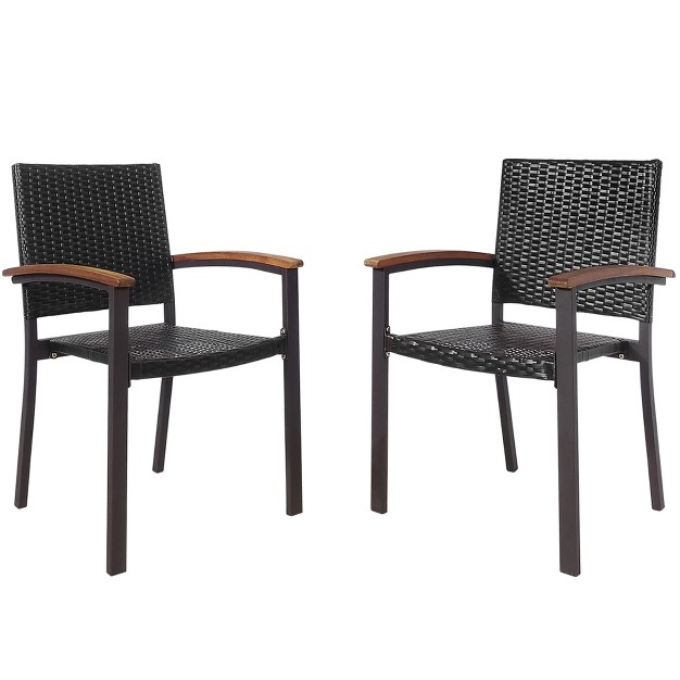 Costway Set Of 2 Outdoor Patio Pe Rattan Dining Chairs Armrest Stackable Garden