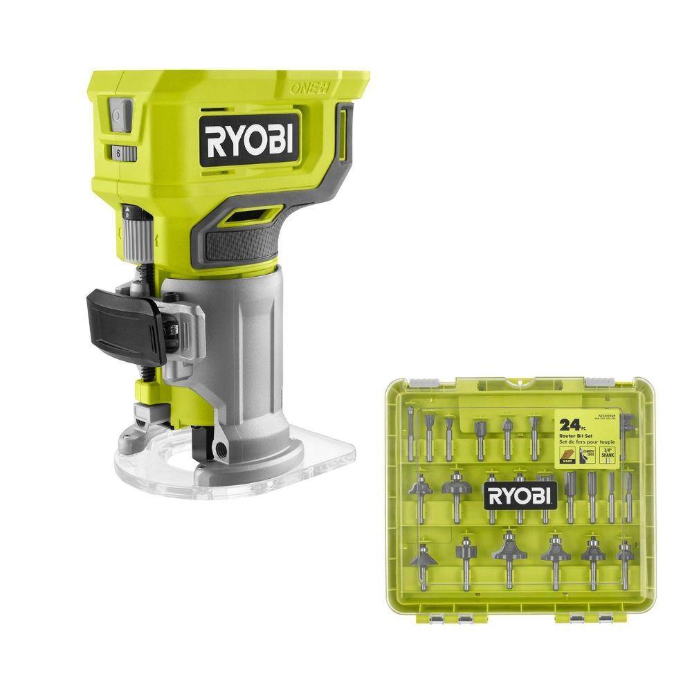 RYOBI ONE+ 18V Cordless Compact Fixed Base Router (Tool Only) with 24-Piece Router Bit Set PCL424B-A252401