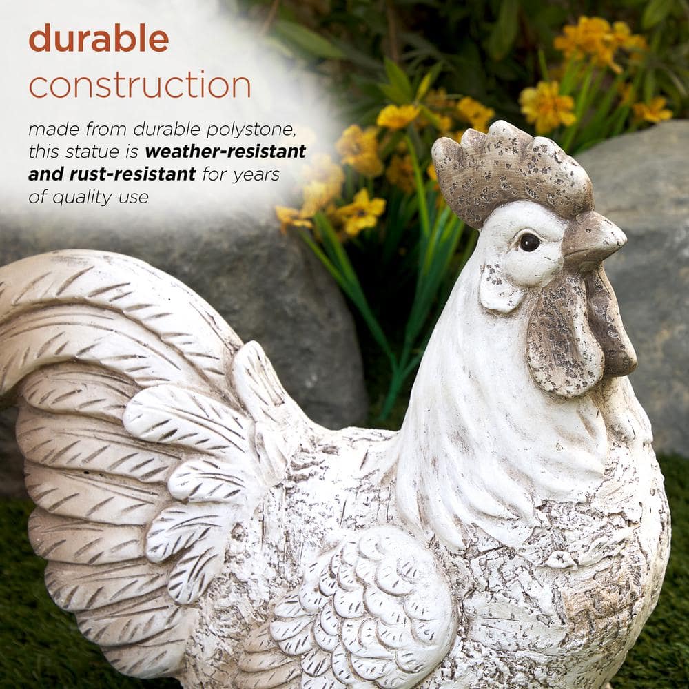 Alpine Corporation 14 in. H Indoor/Outdoor Sitting Rooster Decorative Garden Statue, White QWR1068