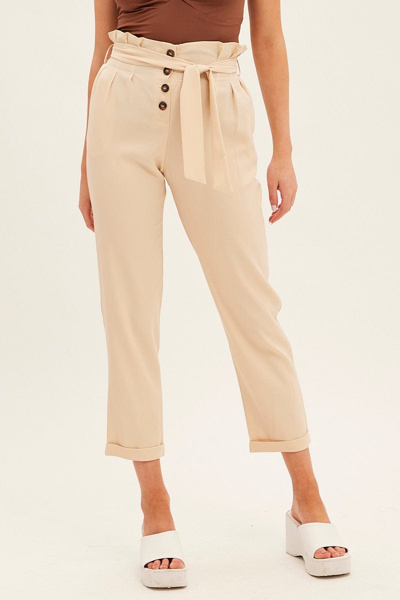 Beige Tie And Elastic Waist Slim Leg Pant