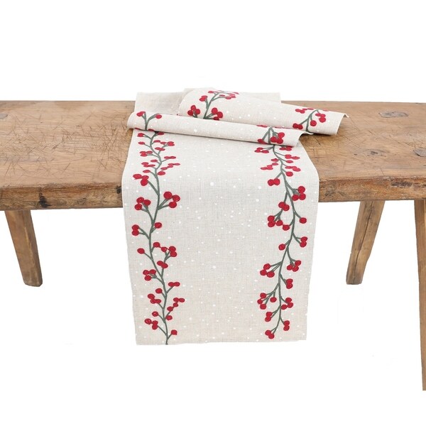 Holly Berry Branch Crewel Embroidered Christmas Table Runner 16x36