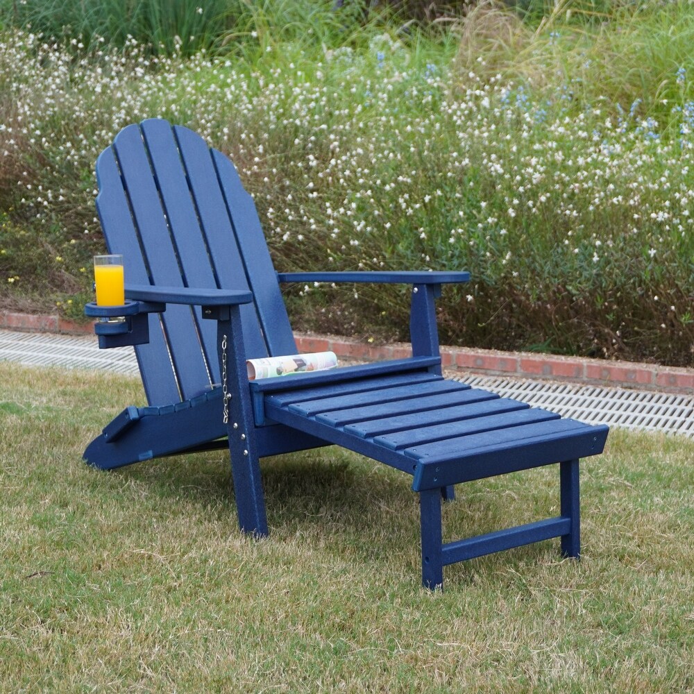 Polydun Folding Adirondack Chair Lawn Outdoor Fire Pit Chair Adirondack Chair Weather Resistant with Cup Holder/Ottoman