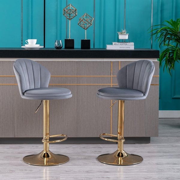 Velvet Bar Stools with Chrome Footrest and Golden Leg (Set of 2)