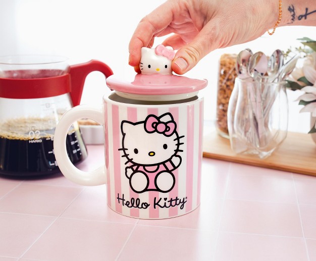 Silver Buffalo Sanrio Hello Kitty Pink Stripes Ceramic Mug With Lid Holds 18 Ounces