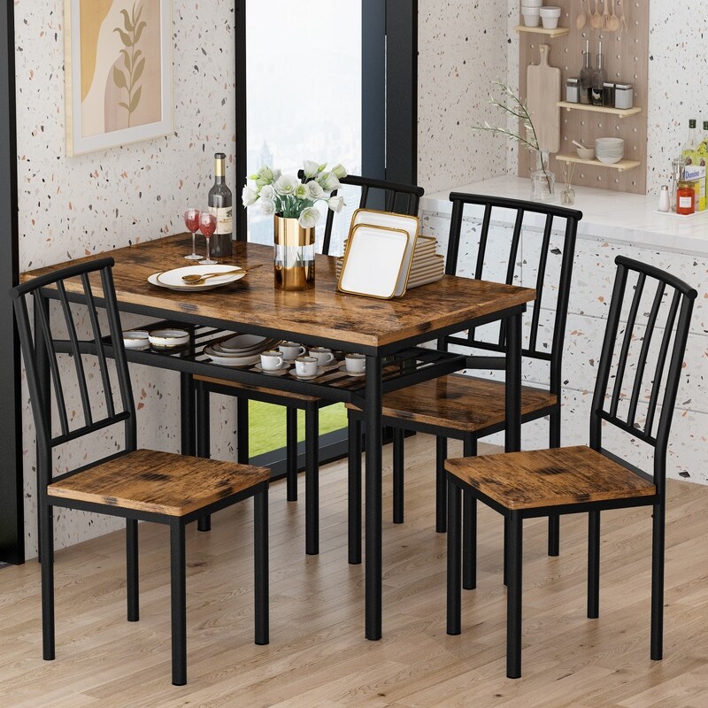 Modern Industrial Dining Table Set for 4  5 Piece Wood Kitchen Table and Chairs  Dining Room Table Set with Storage Rack