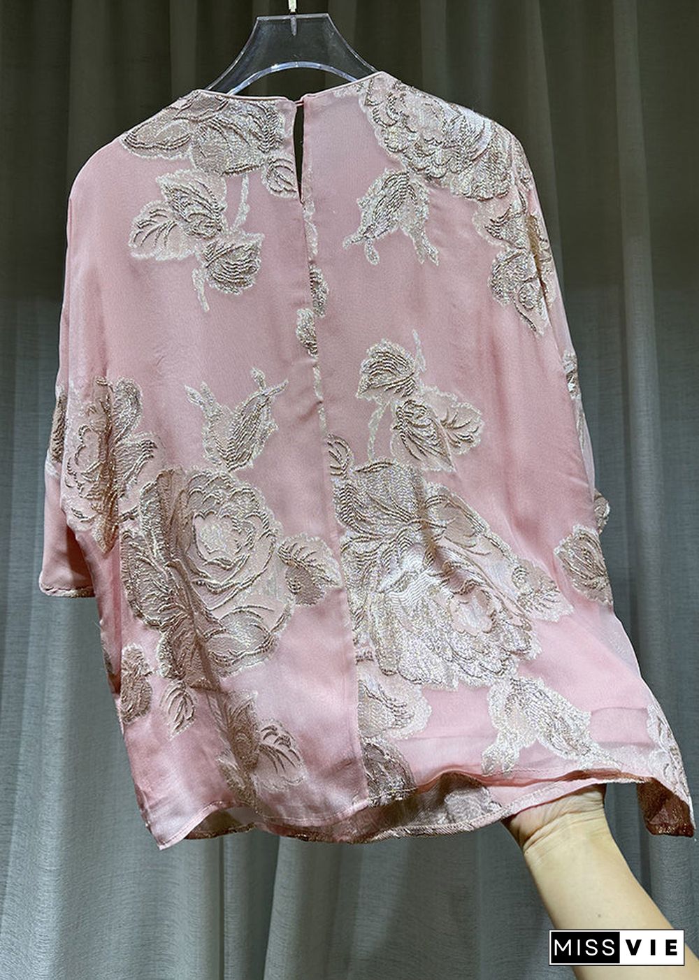 Chic Pink O-Neck Embroideried Button Silk Shirts Bracelet Sleeve