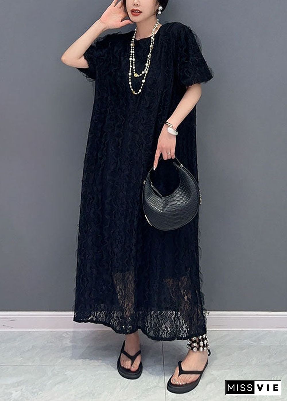 Boutique Black O-Neck Ruffled Patchwork Long Lace Dress Summer