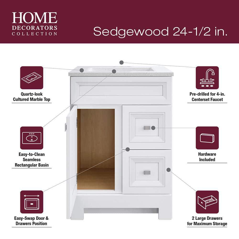 Home Decorators Collection Sedgewood 245 in W x 188 in D x 344 in H Freestanding Bath Vanity in White with Arctic Solid Surface Top