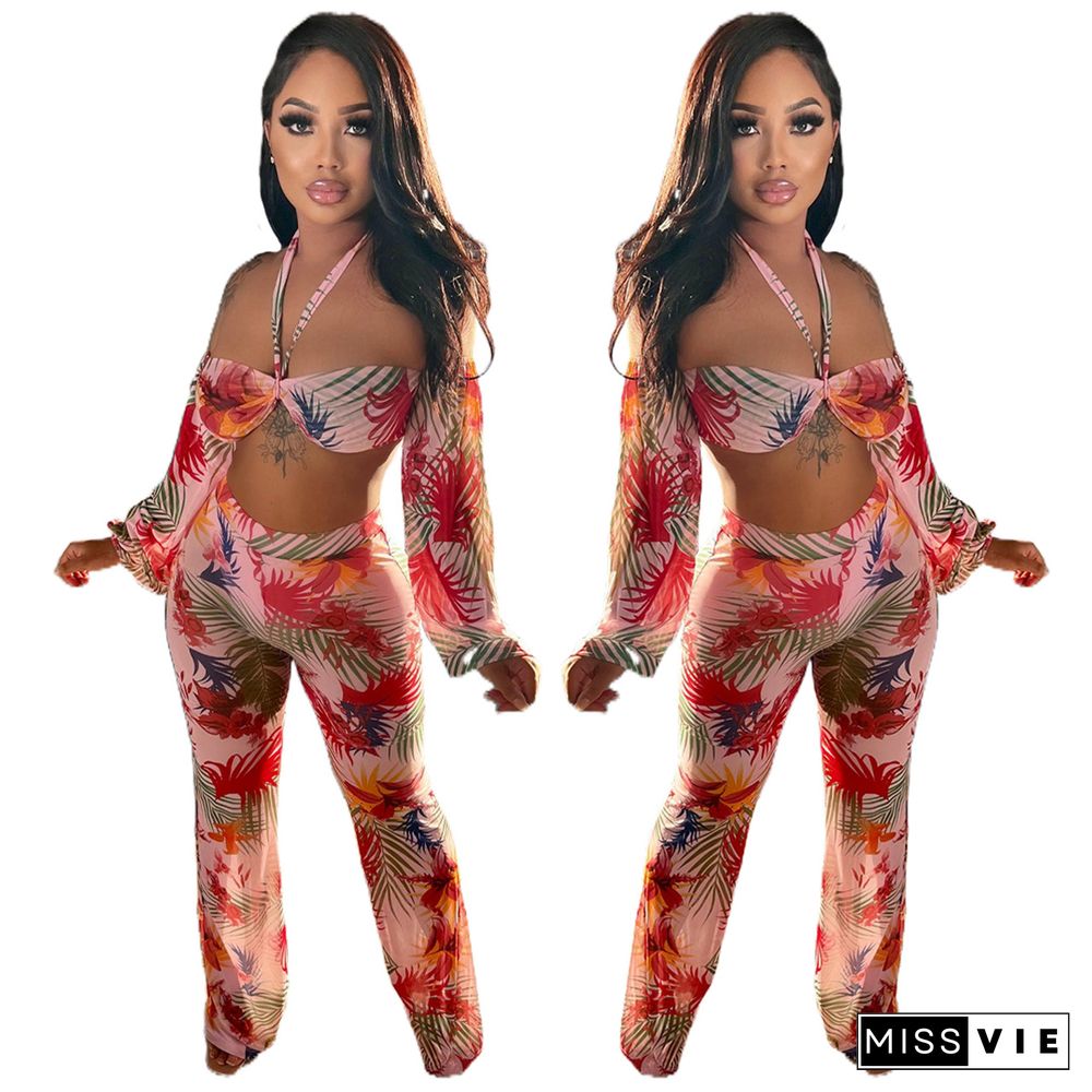 Mesh Sheer Print Halter Crop Top and Pants Set