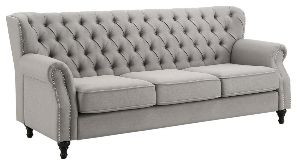 Claridge Grey Button Tufted Sofa with Nailhead Trim   Traditional   Sofas   by Inspire Q  Houzz