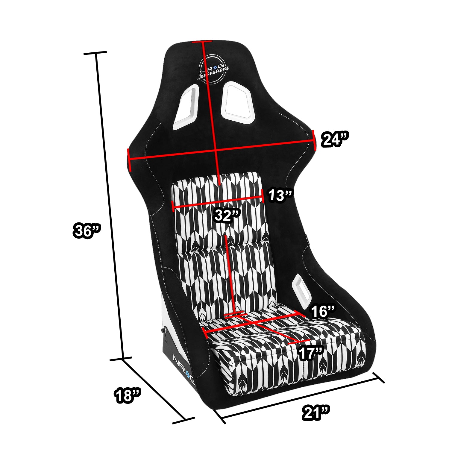 NRG Innovations Universal Bucket Racing Seat Black White YABA Design Large Size Fiberglass NGR-FRP-302-YABA