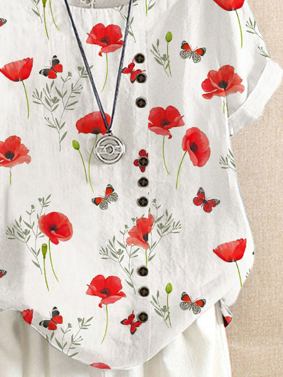 Round Neck Casual Loose Floral Print Short Sleeve Blouse