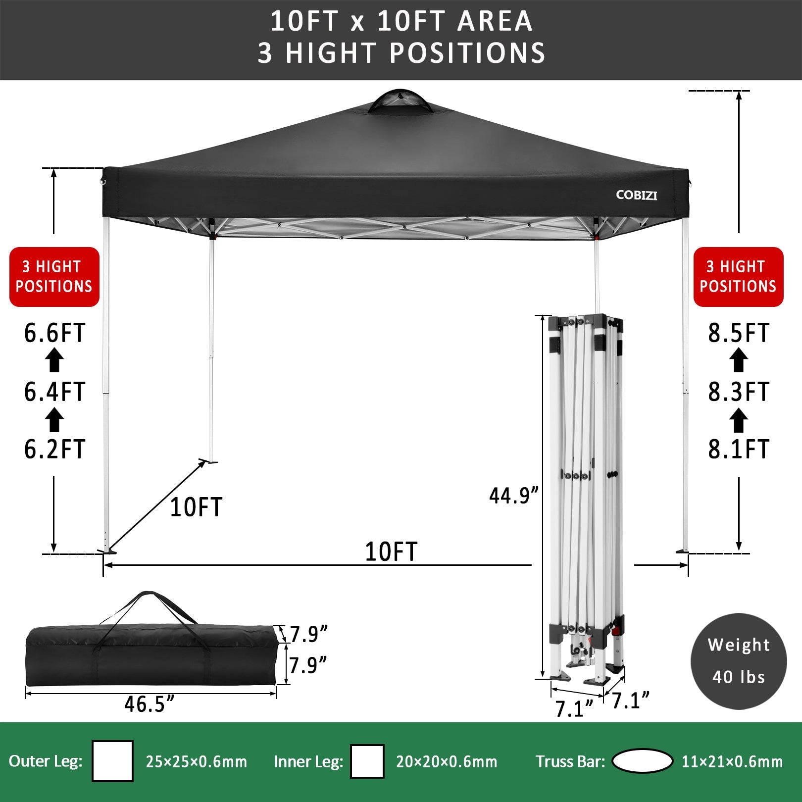 10' x 10' Straight Leg Pop-up Canopy Tent Easy One Person Setup Instant Outdoor Canopy Folding Shelter with 4 Removable Sidewalls, Air Vent on The Top, 4 Sandbags, Carrying Bag, Black