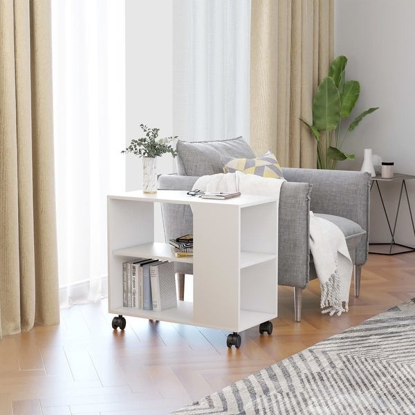 Movable Wood Side Table With Wheel with Storage Shelf in White