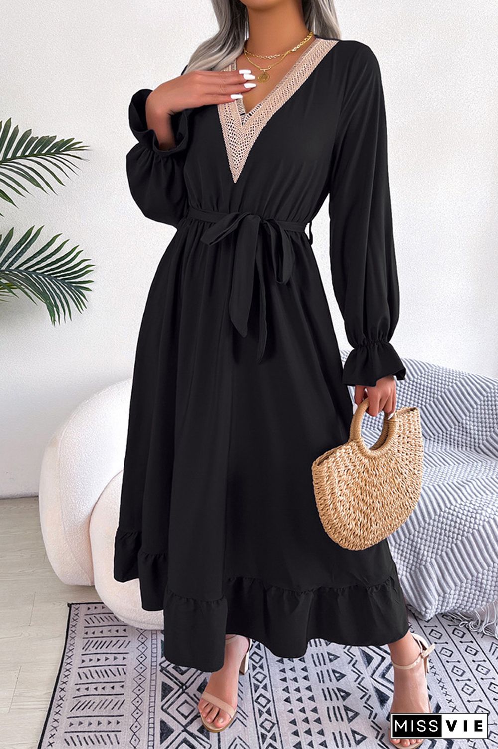 Plain V Neck Lace Edge Ruffles Maxi Dress