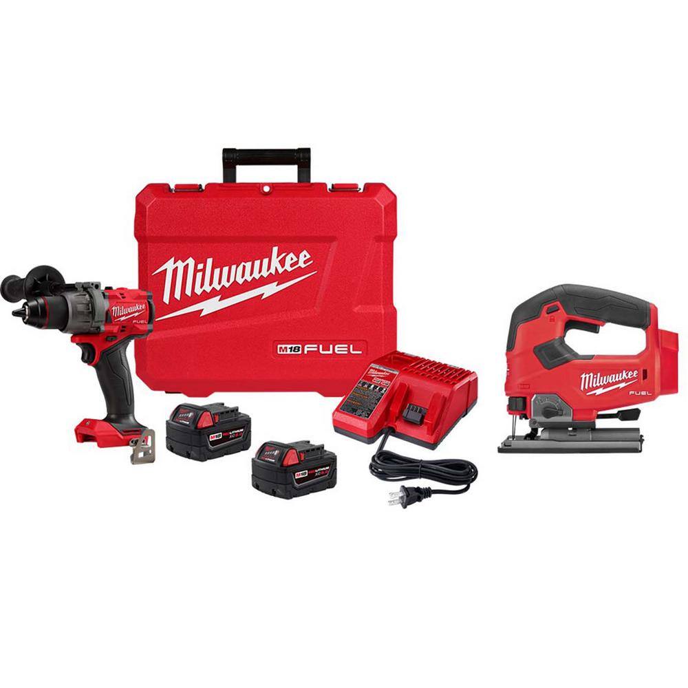 MW M18 Fuel 18-V Lithium-Ion Brushless Cordless 12 in. Hammer Drill Driver Kit with M18 FUEL Jig Saw 2904-22-2737-20